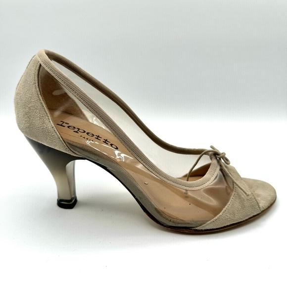 REPETTTO CLEAR SUEDE HEEL SHOE TAN NEUTRAL OPEN TOE  HEELS MADE IN PARIS 37.5 - Picture 1 of 12